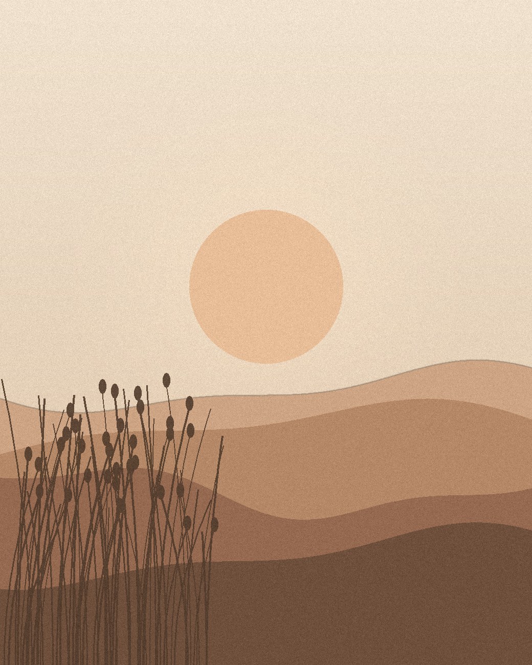 A low sun over soft, layered hills with grasses in the foreground, in warm earth tones